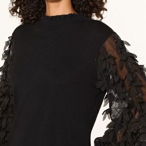 Sioni Milano Black Sweater Women’s Size Large Sheer Floral Puff Sleeves
